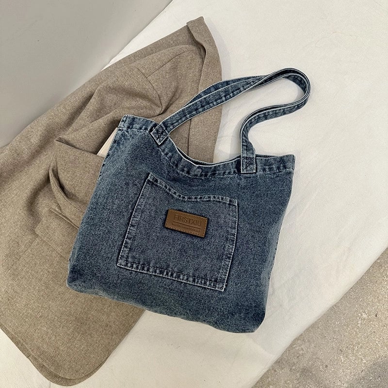 Women's Denim Letter Vintage Style Sewing Thread Square Magnetic Buckle Tote Bag