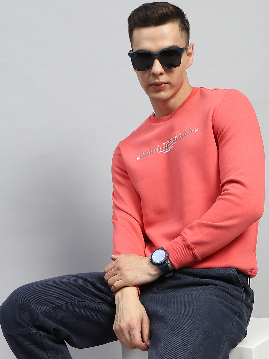 Men Red & Sky Blue Printed Round Neck Full Sleeve Sweatshirt