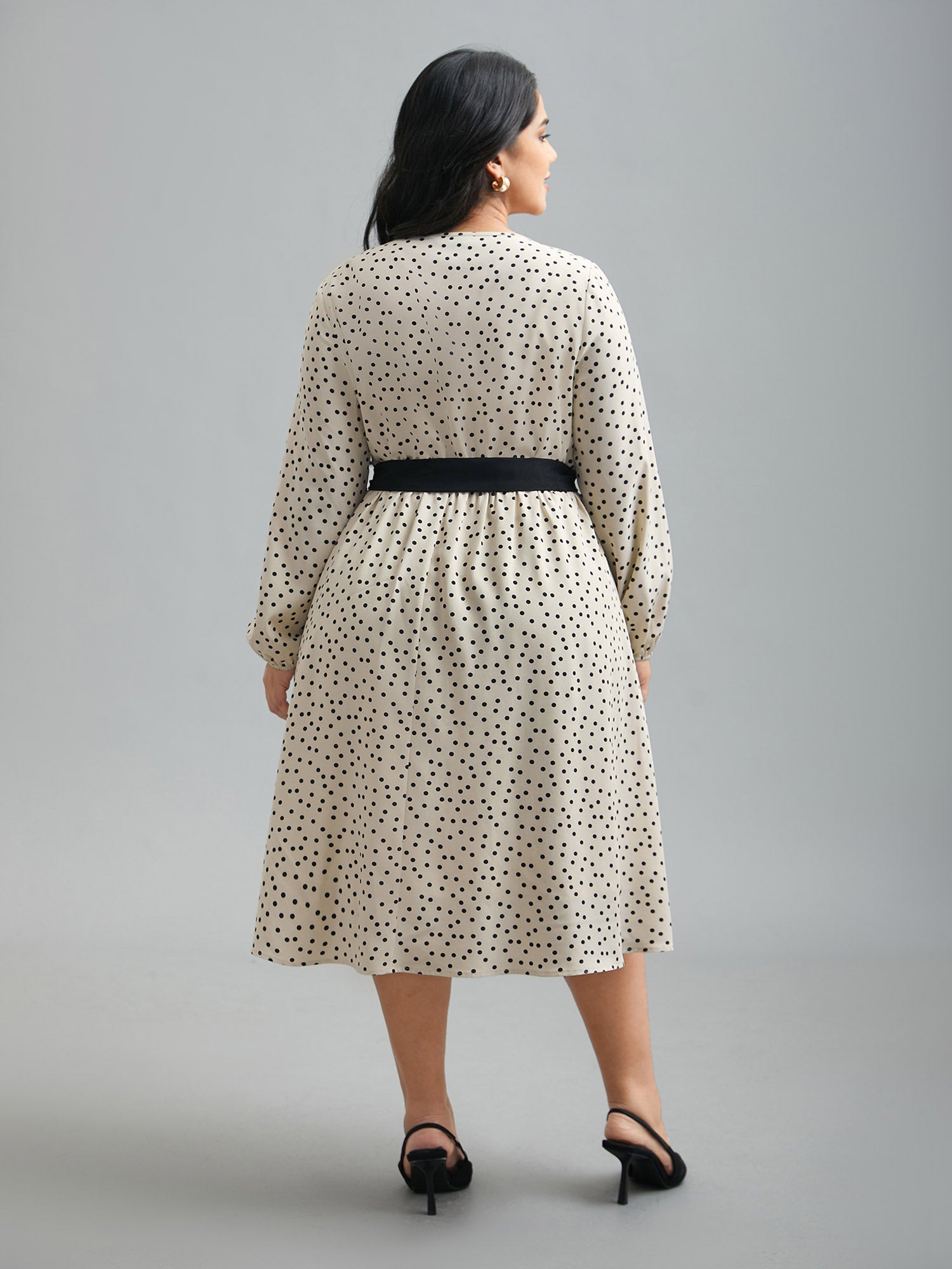 Round Neck Polka Dot Waist-Tie Midi Dress