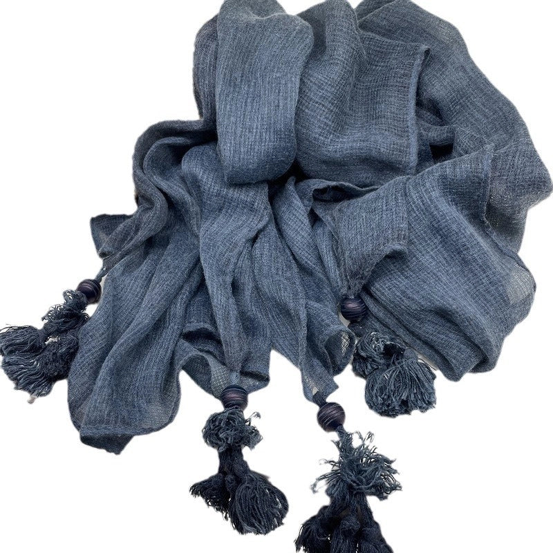 New High-end Ethnic Linen Wooden Beads Hanging Shawl Sunscreen Artistic Cotton And Linen Scarf Women