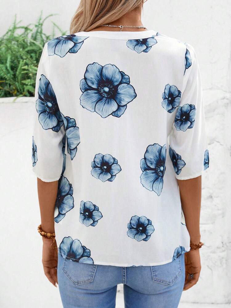 Women's Vacation Floral Printed Notch V-Neck Half Sleeve Loose Shirt. Summer