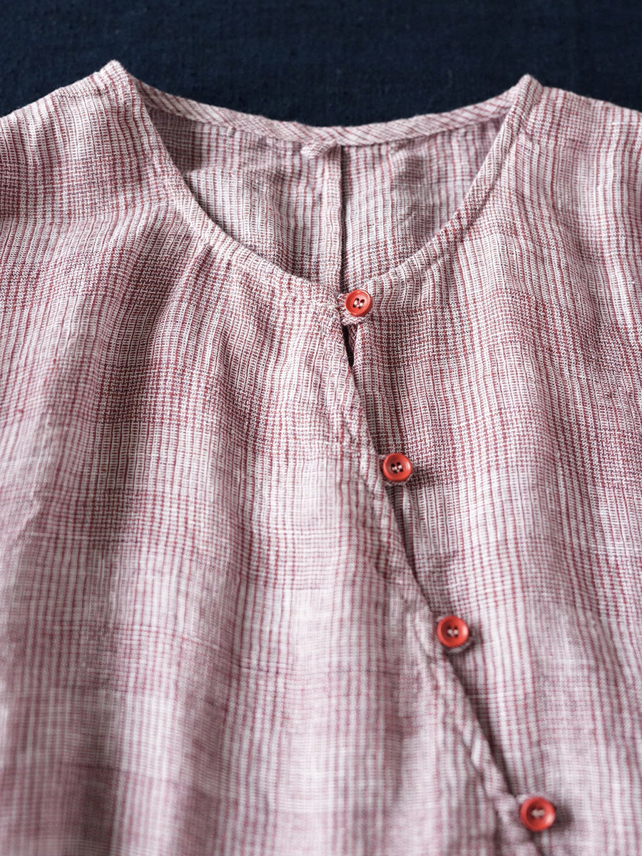 Women Summer Retro Plaid O-Neck 100%Linen Shirt