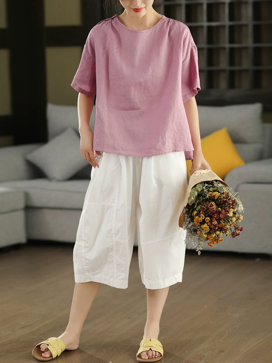 Women Summer Artsy Pure Color O-Neck 100%Linen Shirt