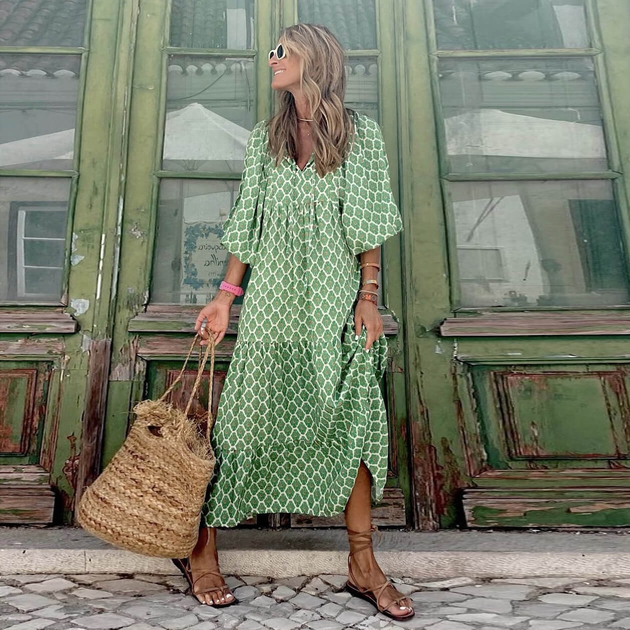 🔥Hot Sale🔥Printed Bubble Sleeve Dress