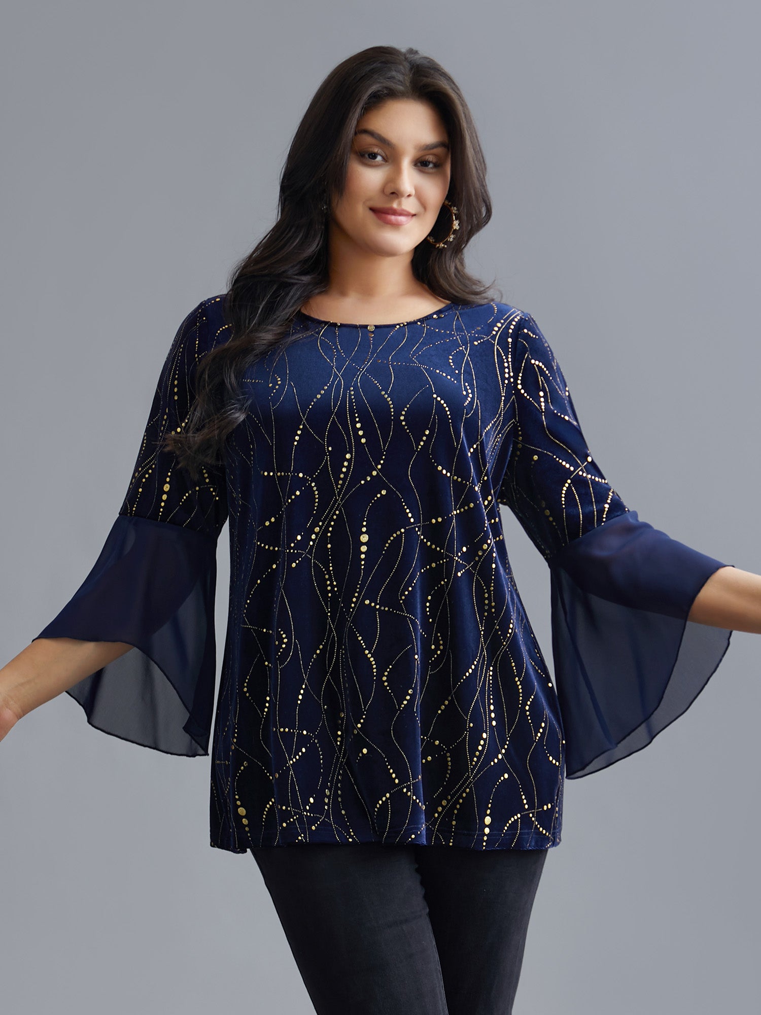 Velvet Glitter Mesh Bell Sleeve Patchwork Blouse