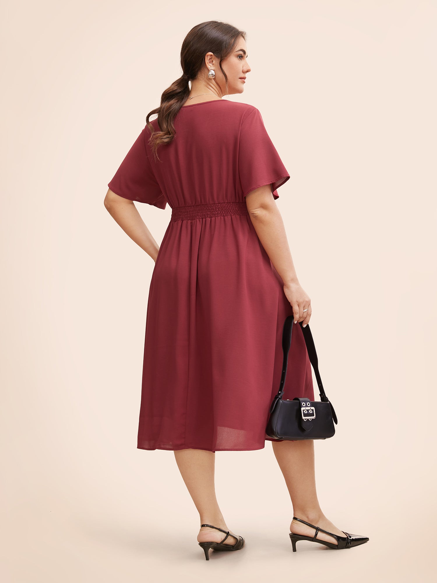 V Neck Pleated Shirred Midi Dress