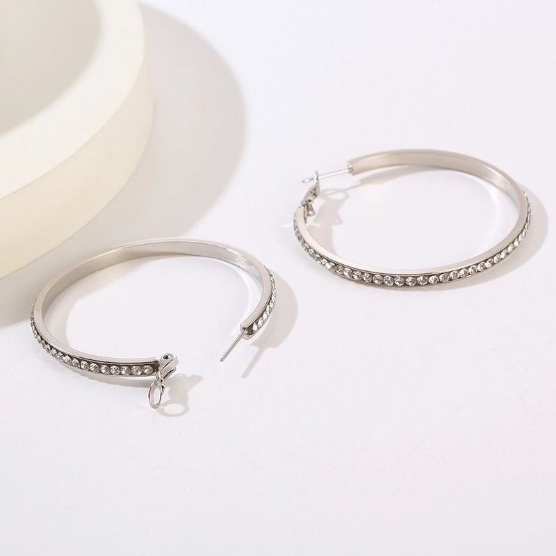 1 Pair Bridal Shiny Solid Color Plating Inlay Stainless Steel Artificial Diamond 18K Gold Plated Hoop Earrings