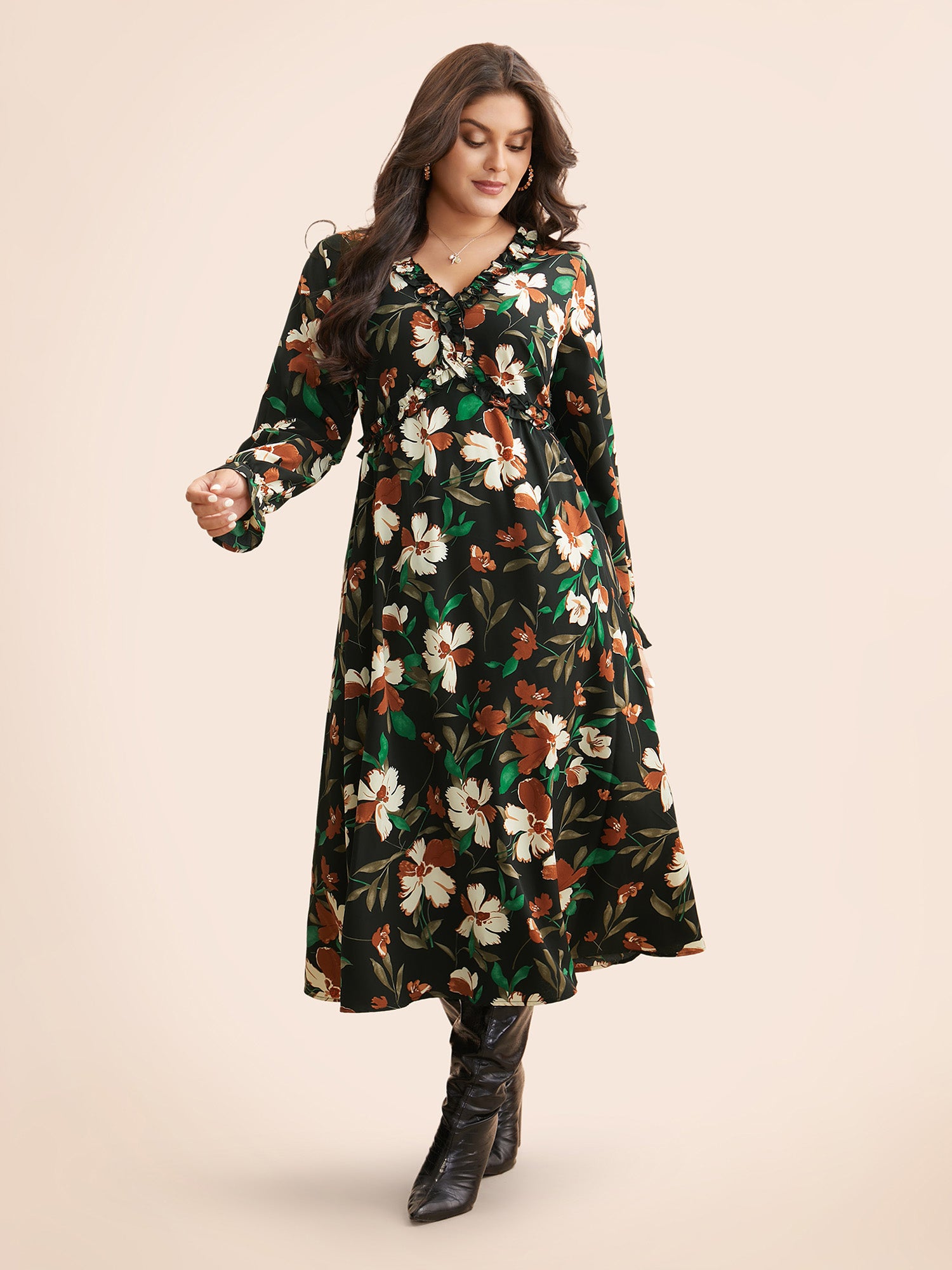 Floral Elastic Waist Frill Trim Midi Dress