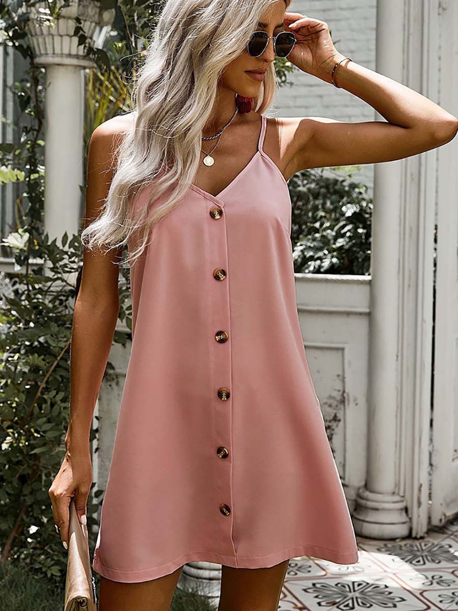 V-Neck Single-Breasted Sleeveless Dress(7 colors)
