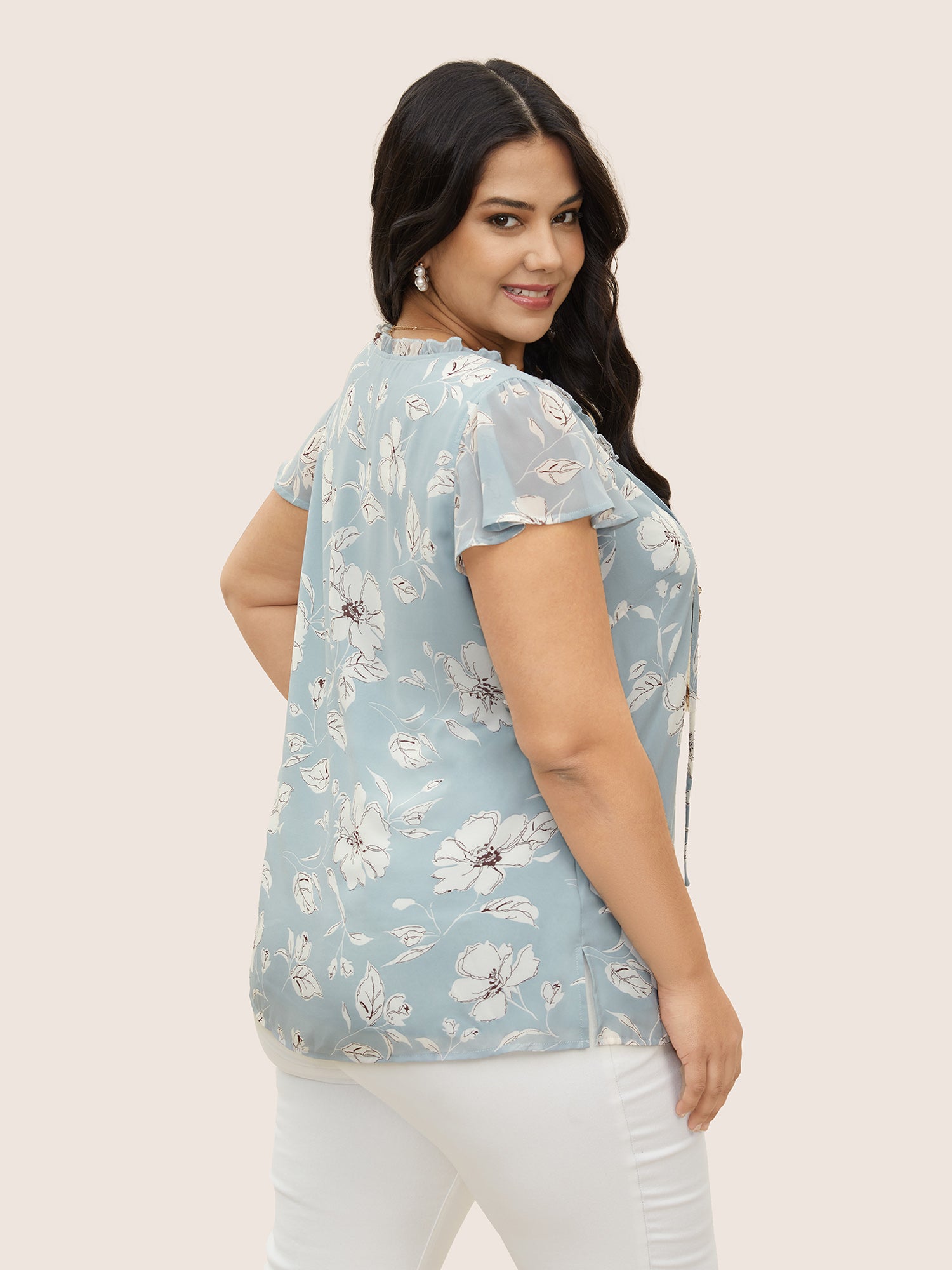 Floral Frill Trim Tie Knot Ruffles Blouse