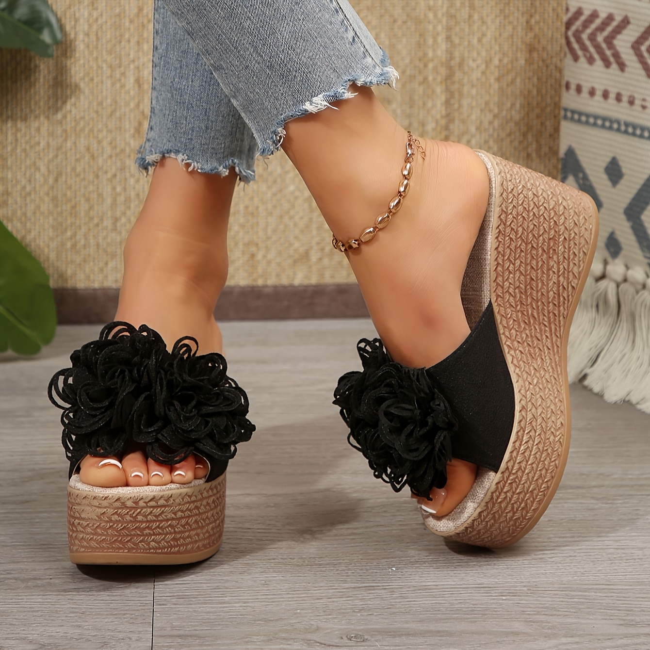Elegant Floral Embellished Wedge Sandals for Women, Summer Open Toe Slip-On Platform Heels with Fabric Upper and Faux Sole, Strappy Sandals