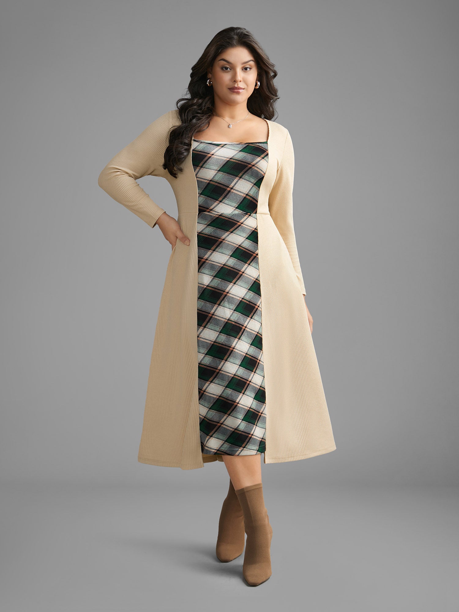 Square Neck Plaid Patchwork Knit Dress