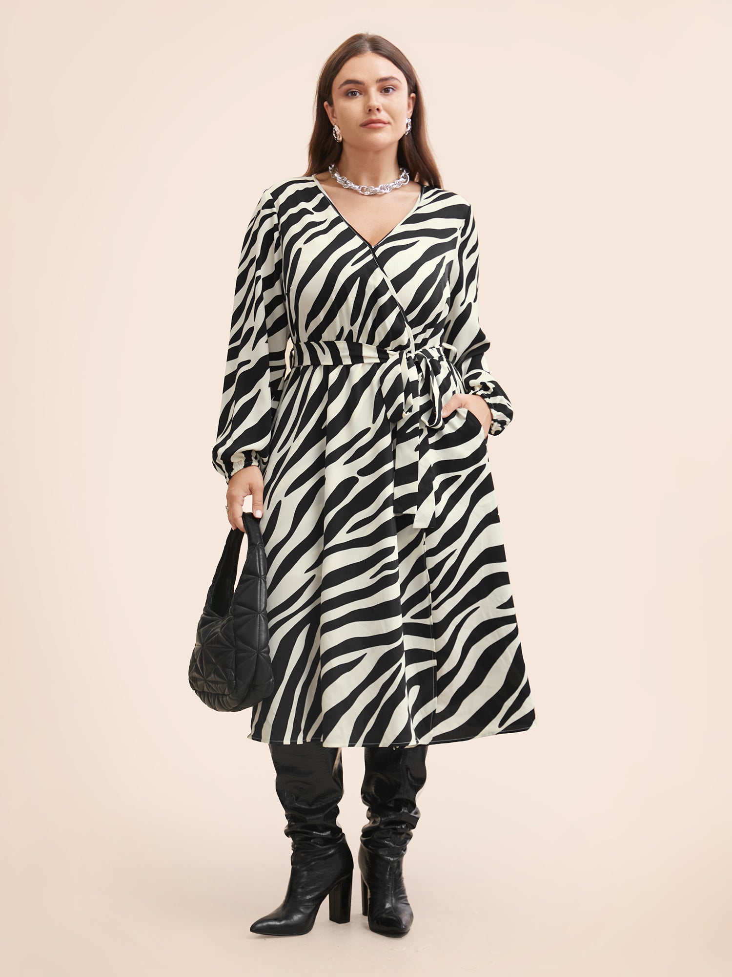 Zebra Print Overlap Collar Split Hem Dress