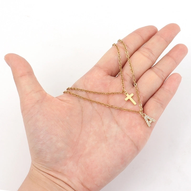 Elegant Minimalist Classic Style Cross Letter 201 Stainless Steel 304 Stainless Steel Copper Zircon Inlay Stainless Steel Necklaces
