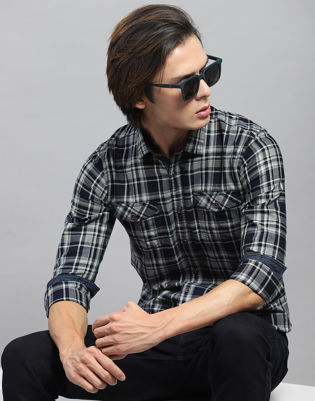 Men Navy Blue Check Collar Full Sleeve Shirt