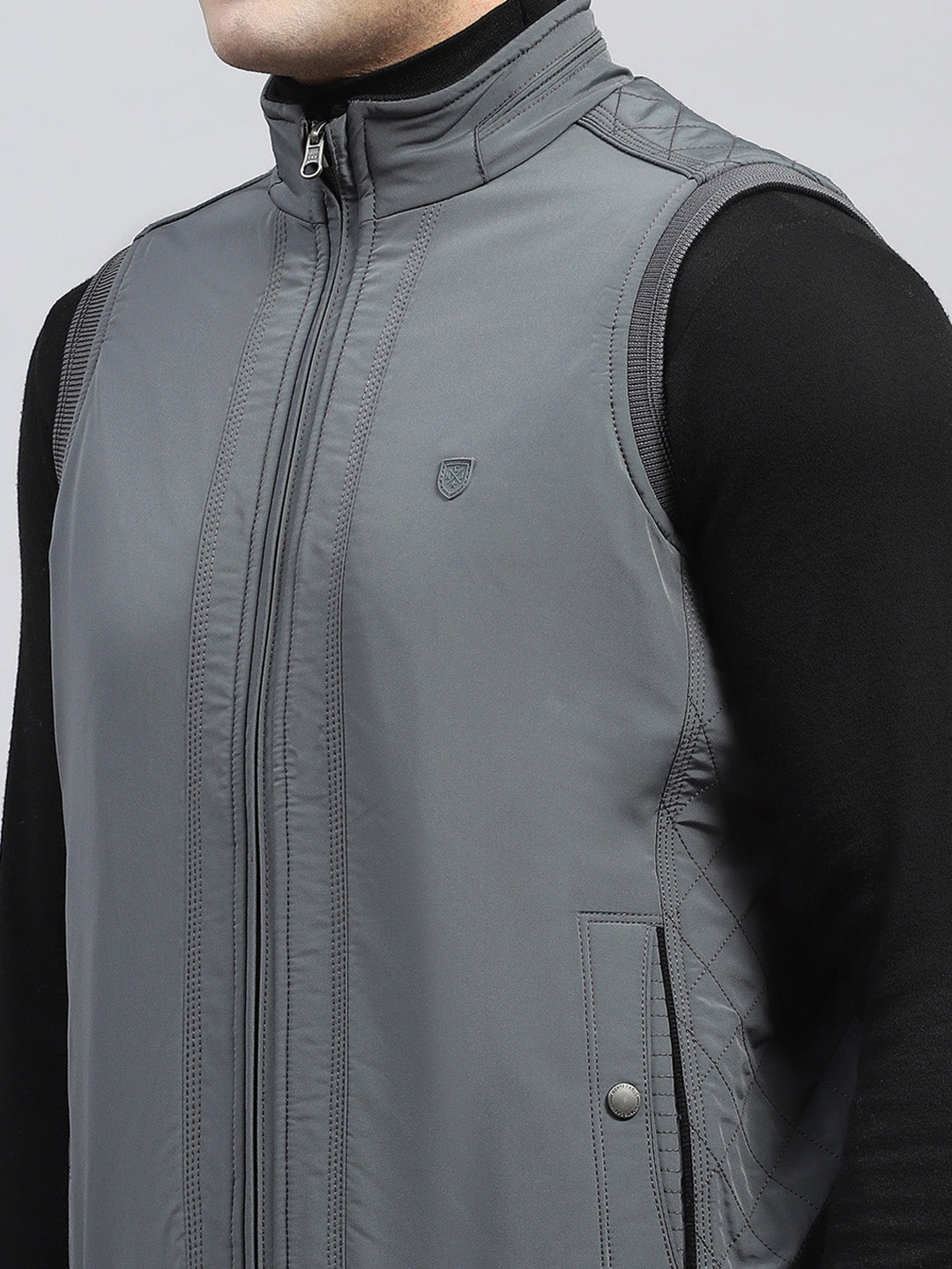 Men Grey Solid Mock Neck Sleeveless Reversible Jacket