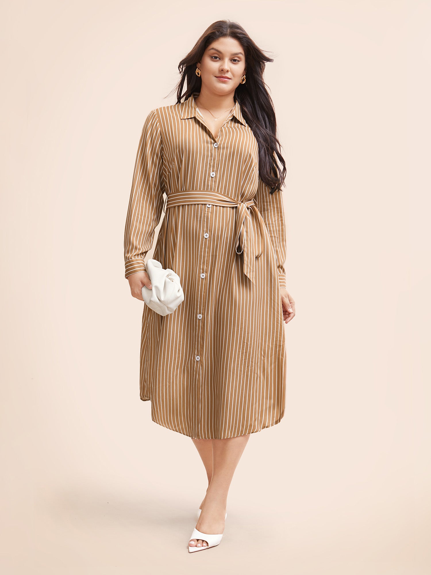 Striped Shirt Collar Curved Hem Midi Dress