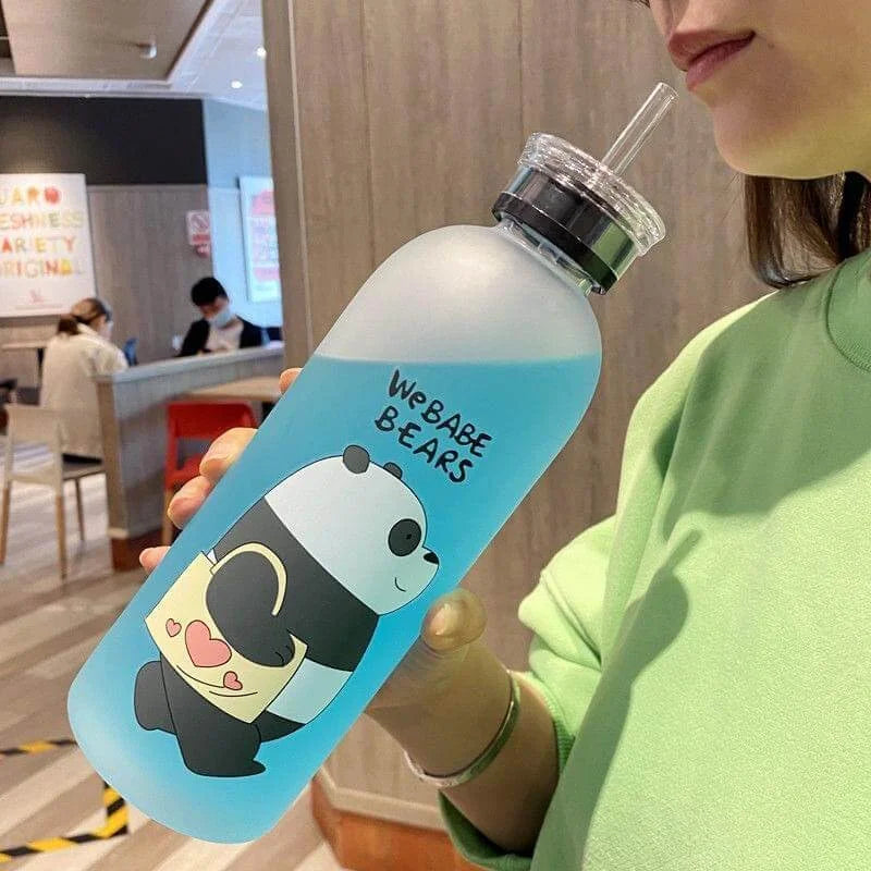 2IN1 DRINKING WE BABE BEARS FROSTED WATER BOTTLE WITH 2 CAPS & STRAW 1000ML