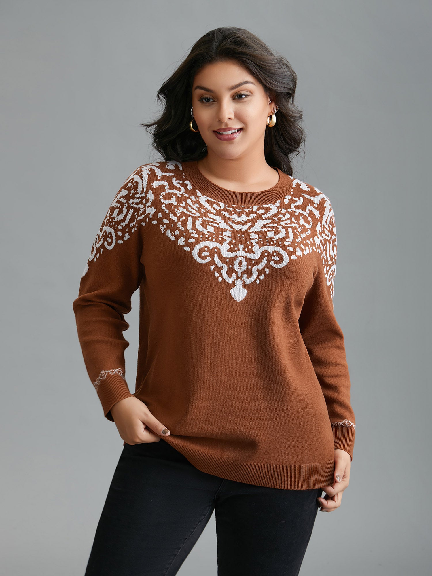 Bandana Jacquard Pattern Round Neck Pullover