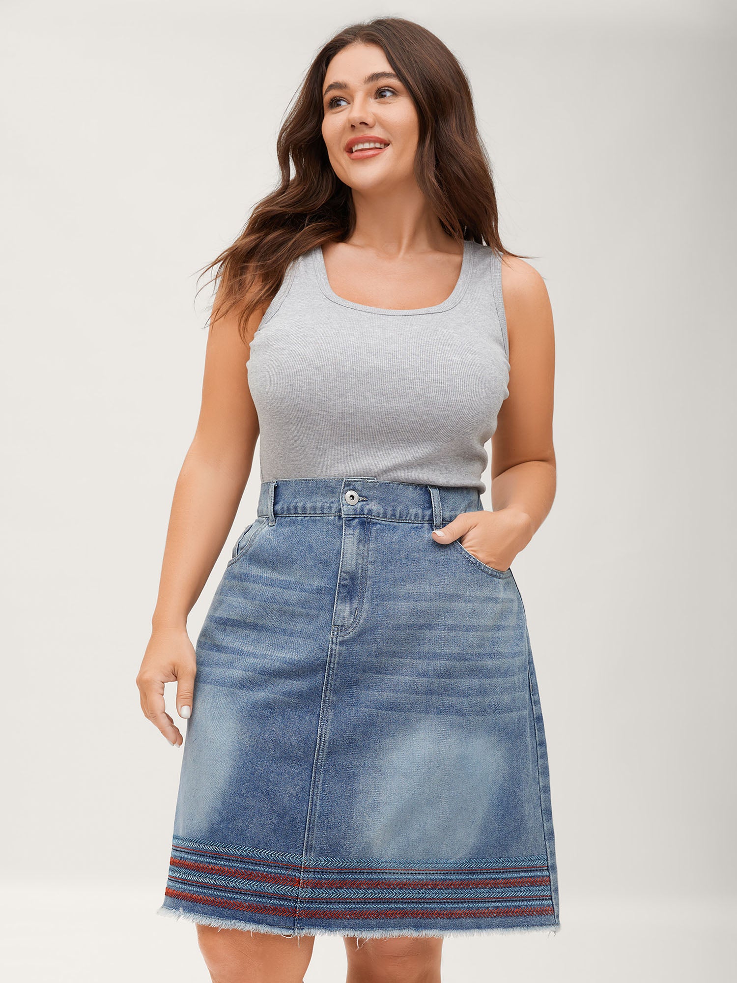 Colorful Hem Classic Cut Denim Skirt