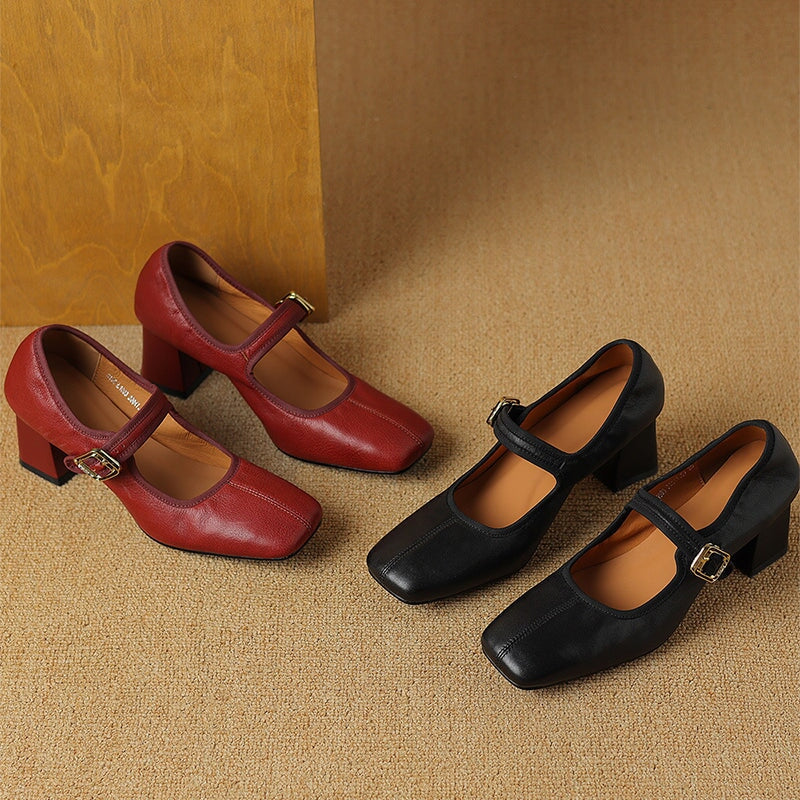 Vintage Sheepskin Square Toe 60mm Block Heel Mary Jane in Black/Wine Red