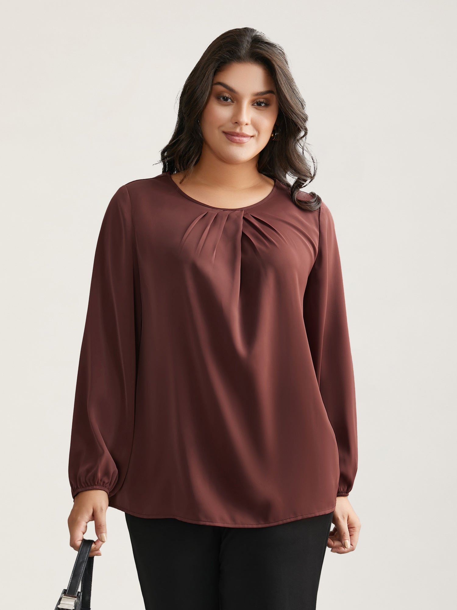 Solid Crew Neck Lantern Sleeve Blouse