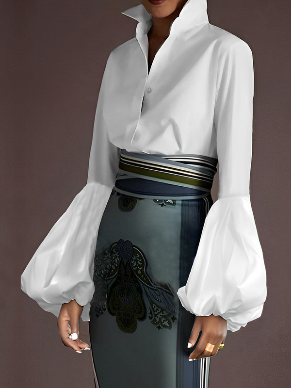 Long Sleeves Loose Buttoned Elasticity Solid Color Split-Joint Stand Collar Blouses&Shirts Tops