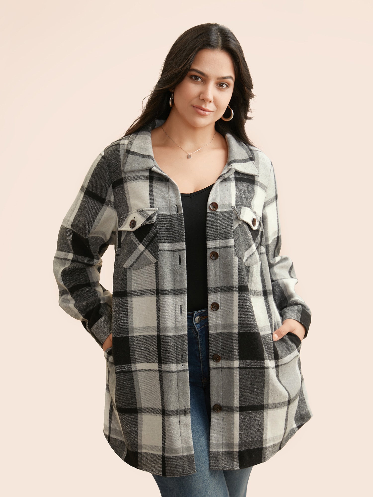 Plaid Chest Pockets Long Jacket