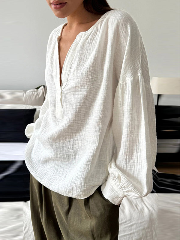 Loose Puff Sleeves Pleated Solid Color Split-Joint V-Neck Blouses&Shirts Tops
