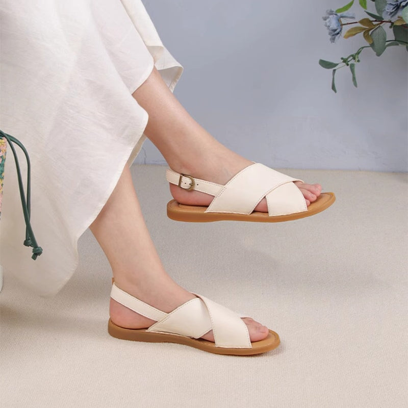 Handmade Leather Peep Toe Sandals For Women X Strap in Orange/Black/Beige