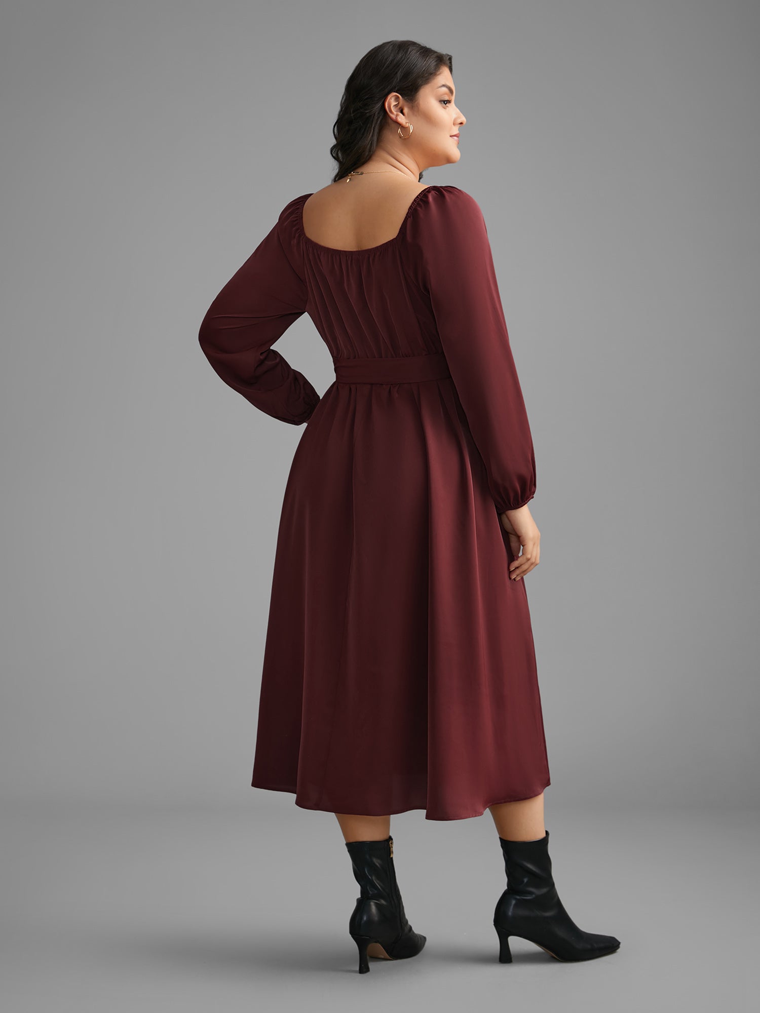 Square Neck Gathered Belted Midi Dress