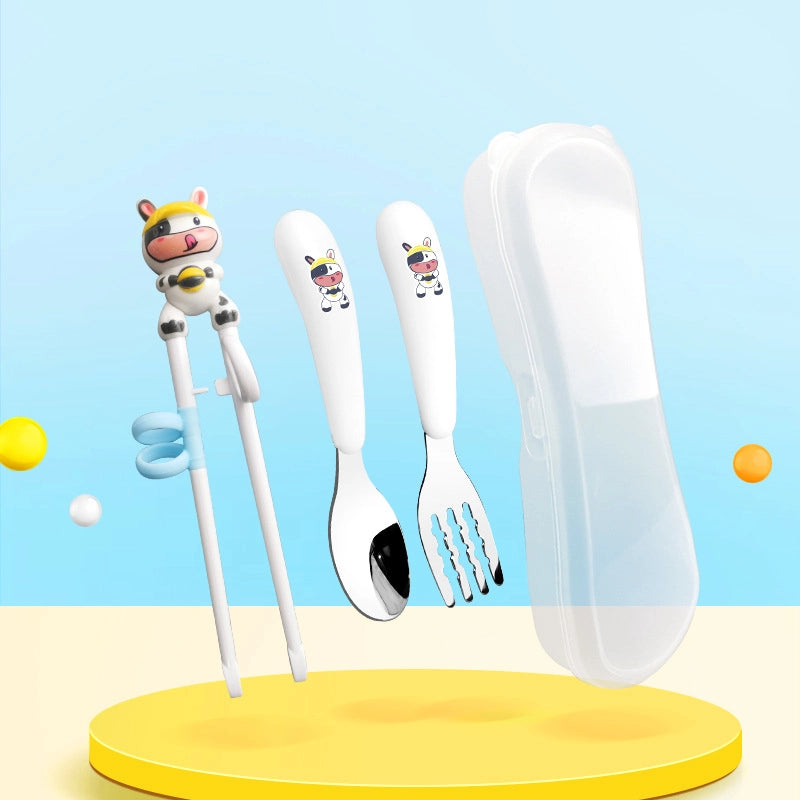 Portable Feeding Children's Tableware Set Cartoon Learning Chopsticks Training Chopsticks 304 Stainless Steel Spoon Fork