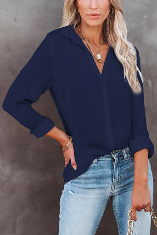 Casual Loose Long Sleeve Button V Neck Shirt Top