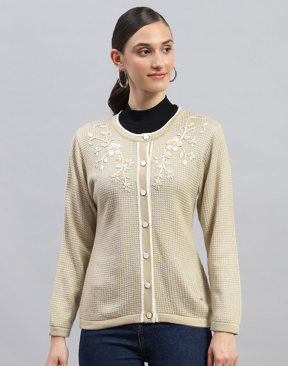 Women Beige Self Design Round Neck Full Sleeve Cardigan