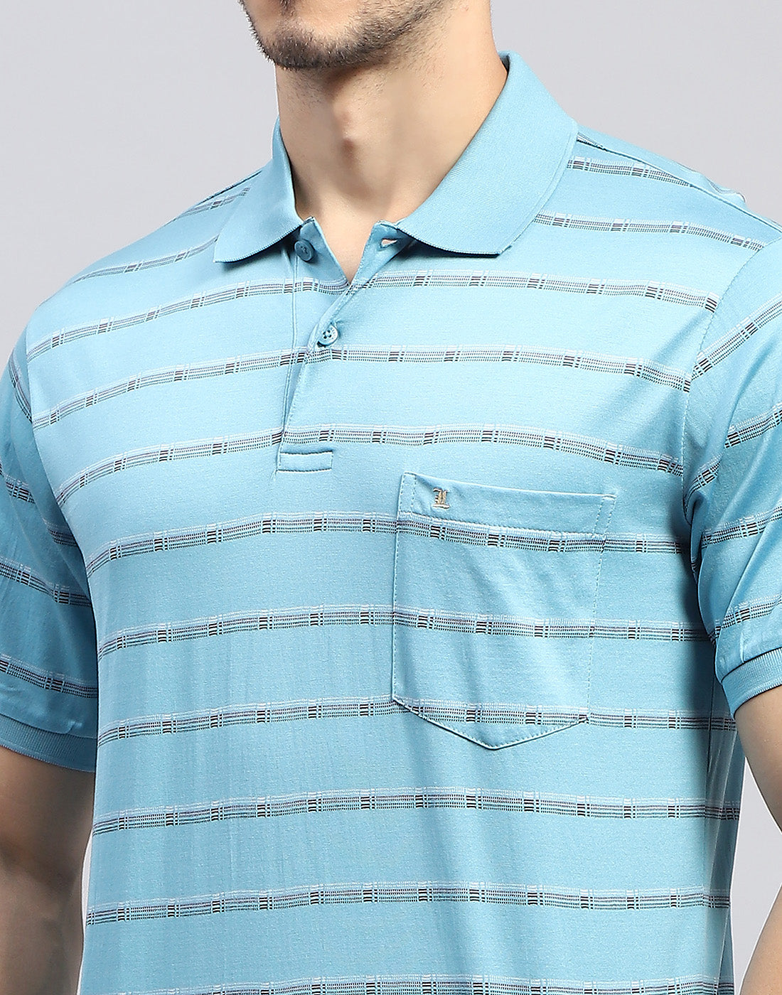 Men Sky Blue Stripe Polo Collar Half Sleeve T-Shirt