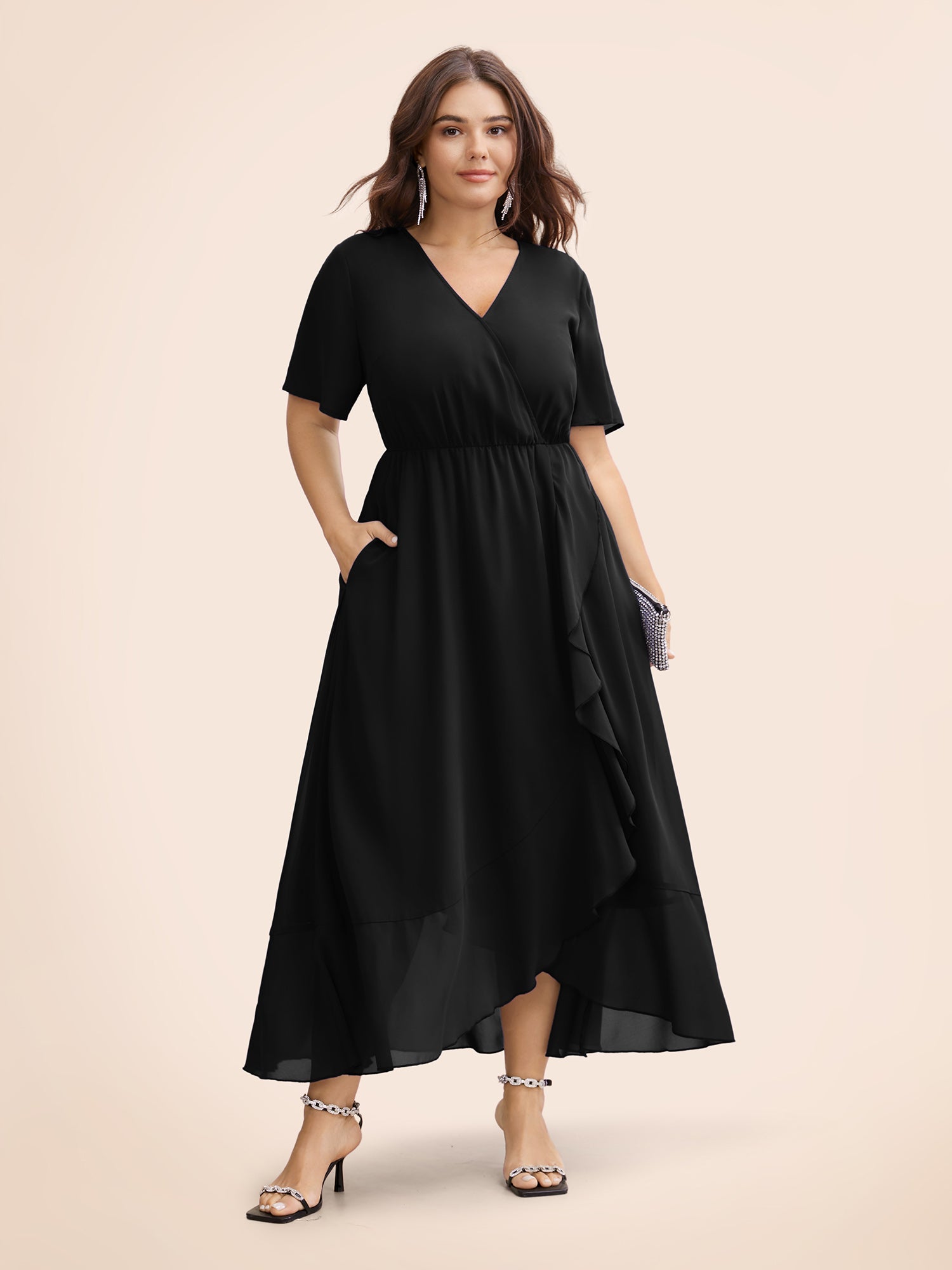 Chiffon Overlap Collar Ruffle Sleeve Dress