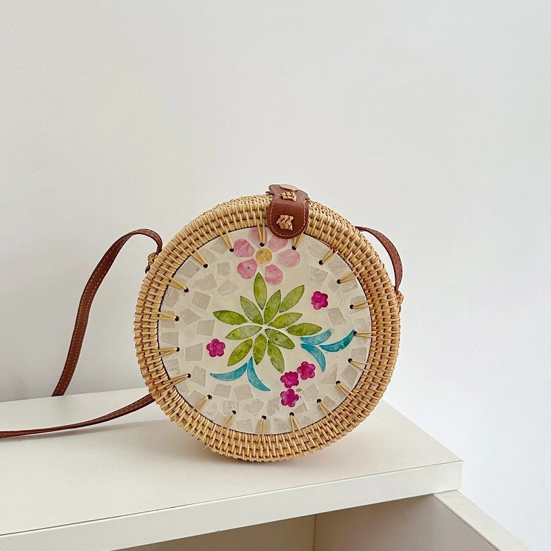 Women's Medium Rattan Floral Elegant Magnetic Buckle Dome Bag