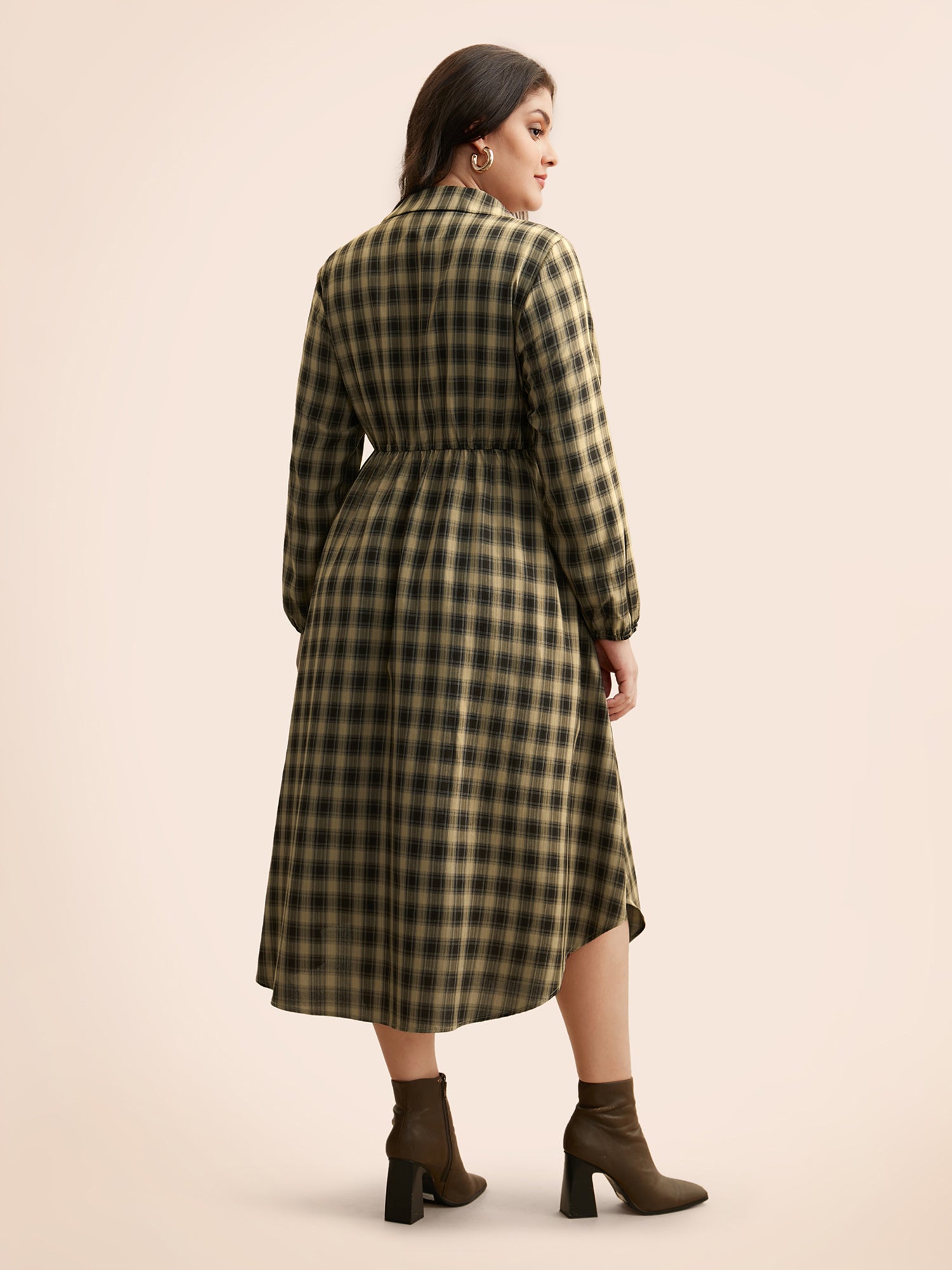 Plaid Pleated Flap Pocket Arc Hem Dress