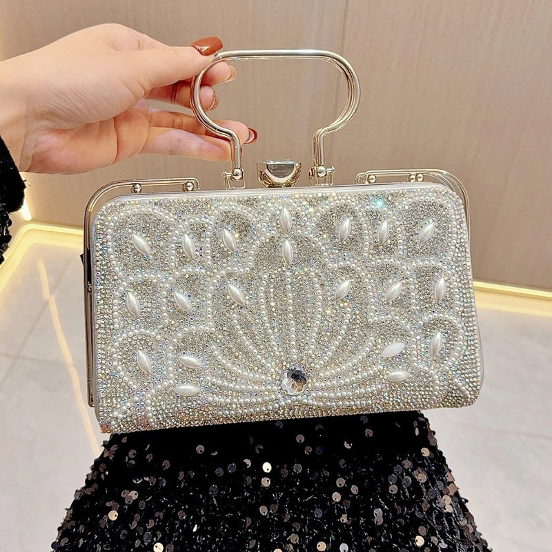 Gold Silver Black Pu Leather Solid Color Pearls Square Evening Bags