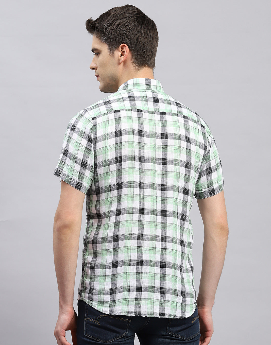 Men Green Check Collar Half Sleeve Shirt