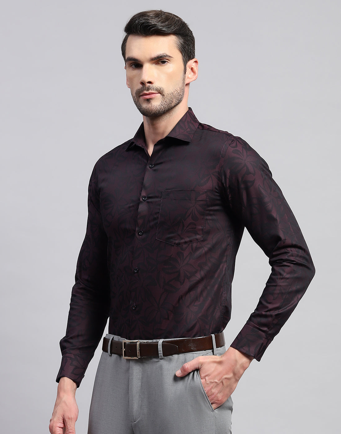 Men Maroon Floral Print Collar Neck Full Sleeve Shirt