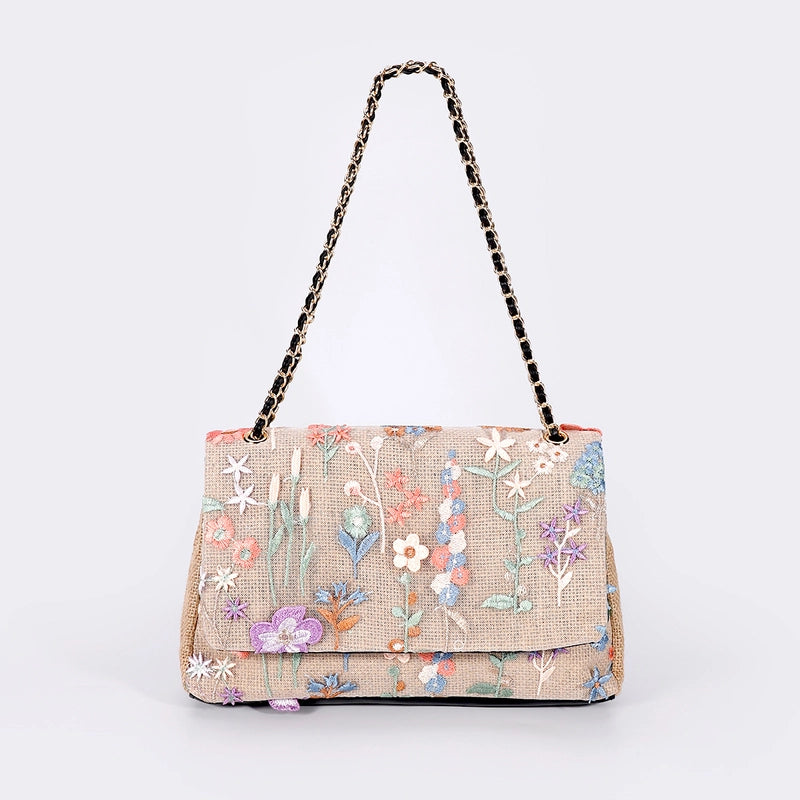 10 Pieces Women's Large Hemp Material Flower Elegant Sequins Square Flip Cover Crossbody Bag