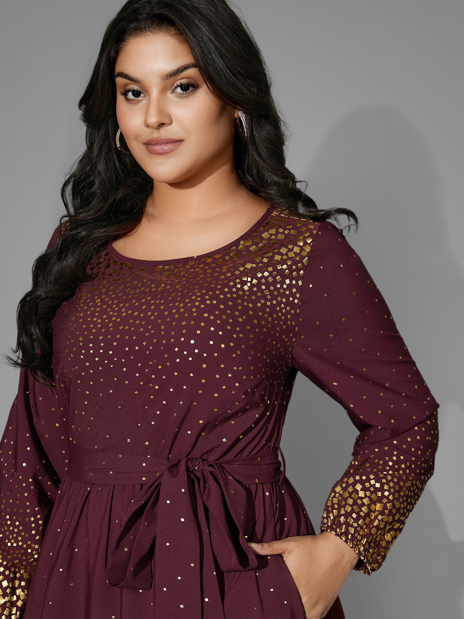 Glitter Round Neck Belted Lantern Sleeve Dress