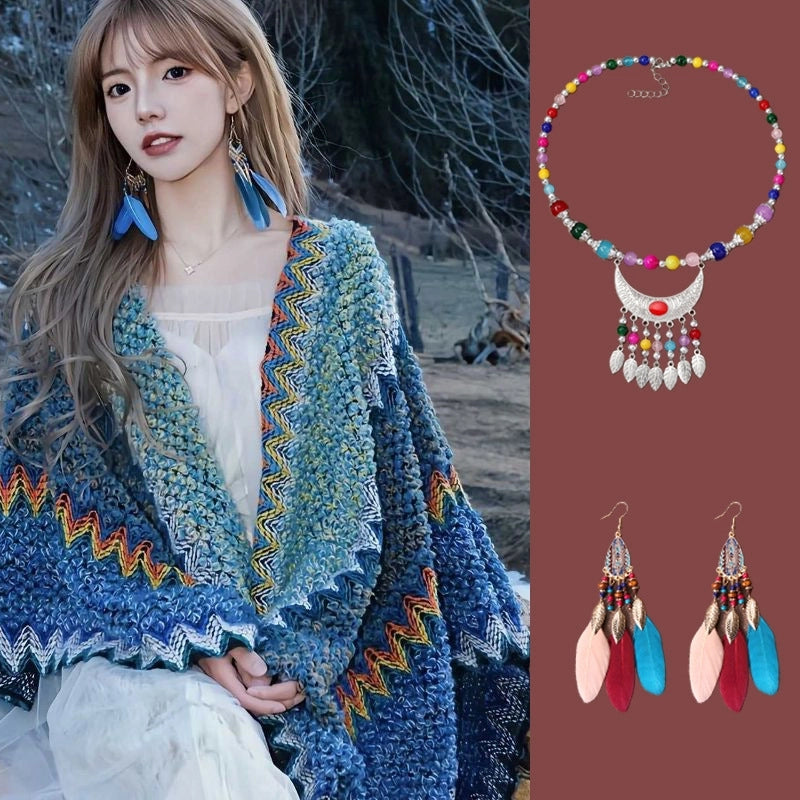 Travel Outside Knitted Shawl Ethnic Style Vintage Cape Cloak Tassel Scarf For Vacation Wear