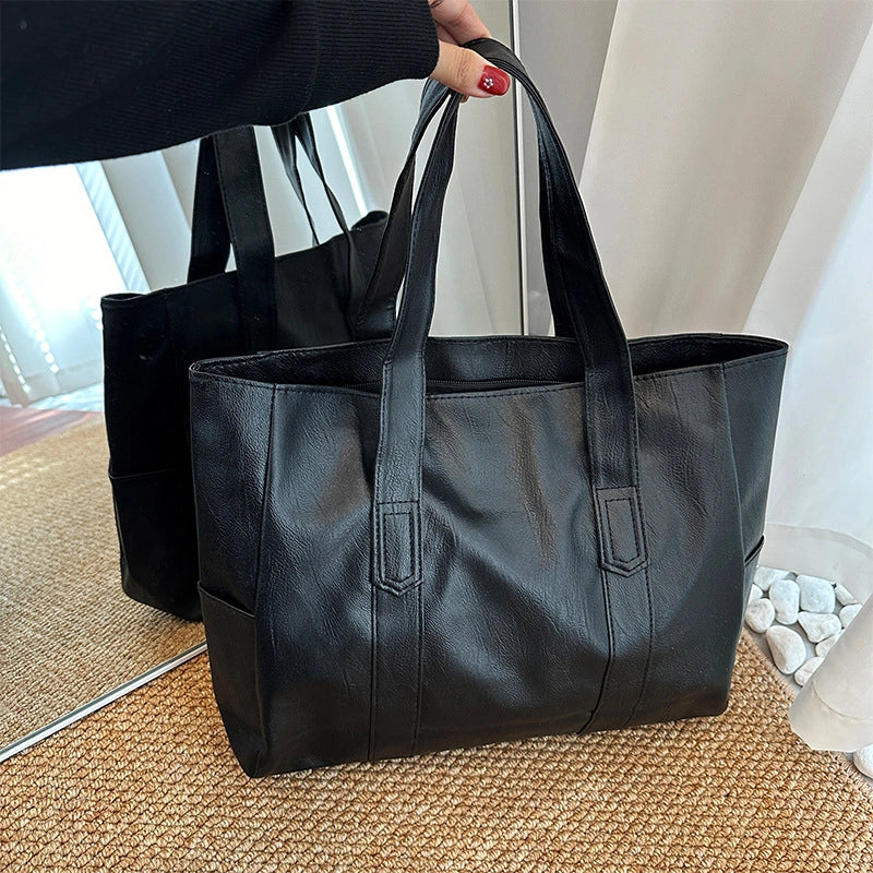 Women's Large Pu Leather Solid Color Classic Style Square Zipper Tote Bag