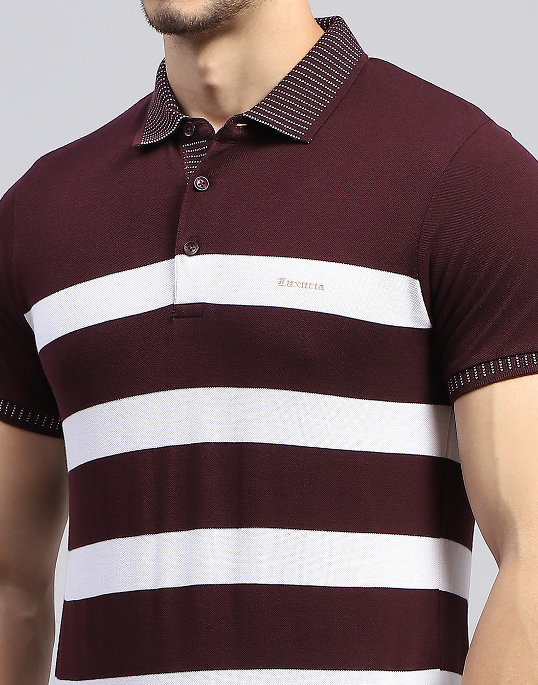 Men Maroon Stripe Polo Collar Half Sleeve T-Shirt