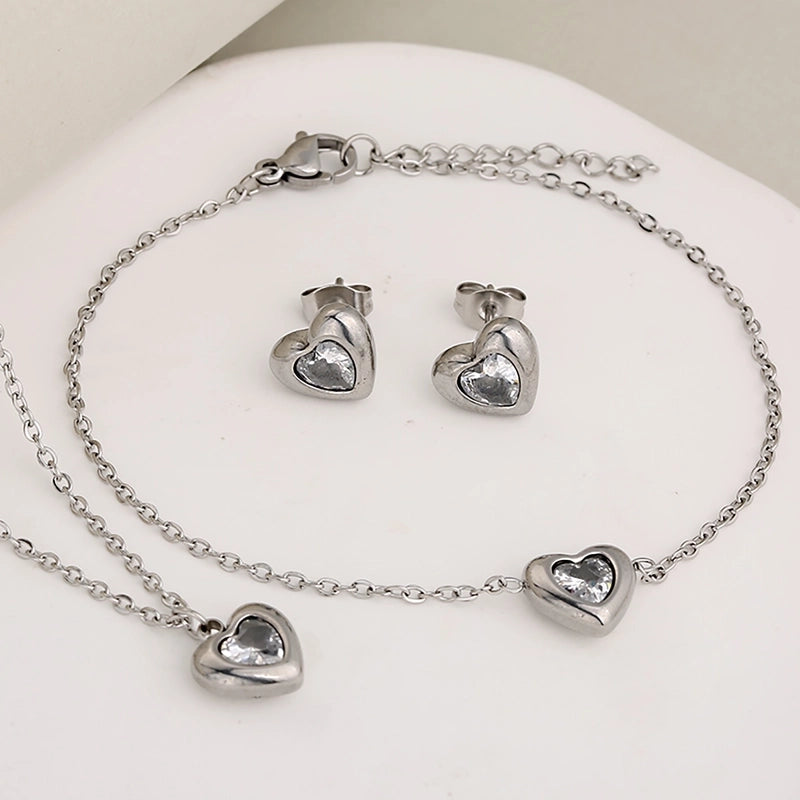 Classic Style Heart Shape 304 Stainless Steel Rhinestones Inlay Jewelry Set
