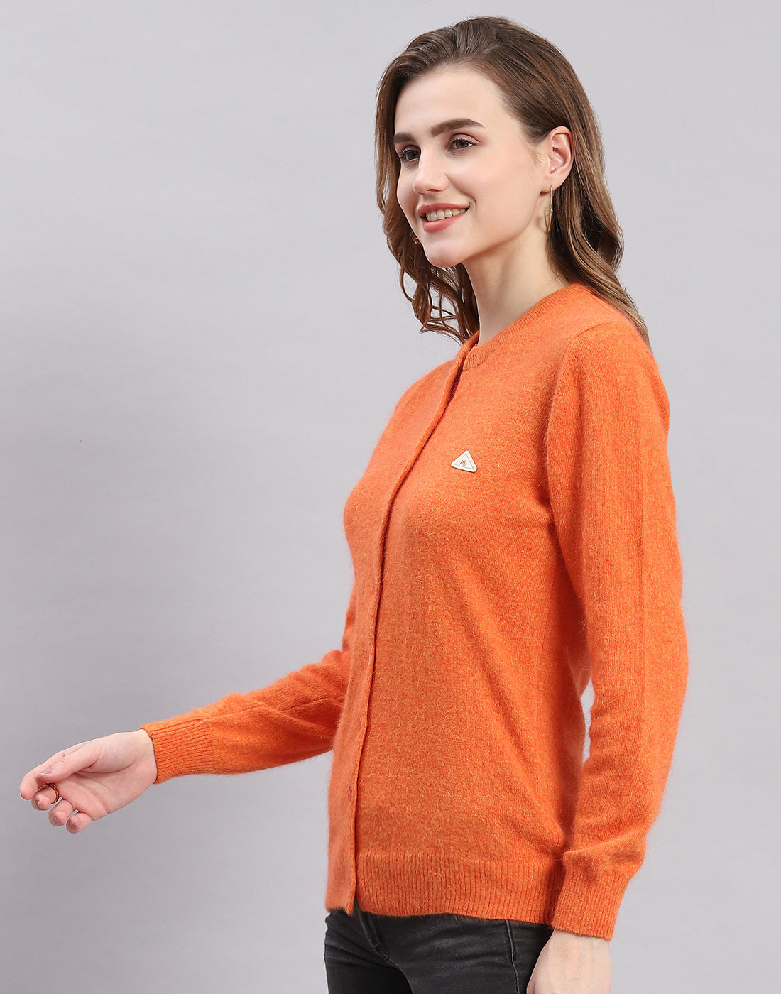 Women Orange Solid Round Neck Full Sleeve Cardigan