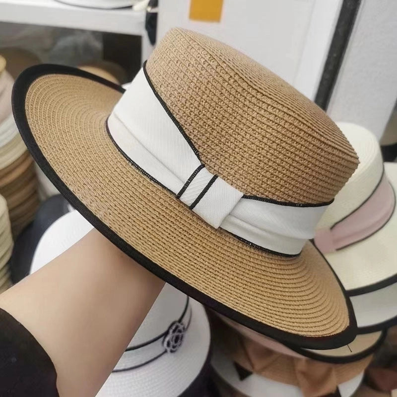 Women's Elegant Pastoral Solid Color Straps Big Eaves Straw Hat