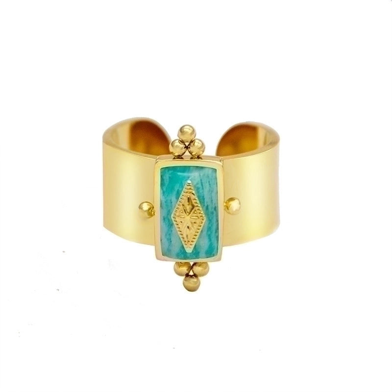 Retro U Shape Stainless Steel Inlay Natural Stone Shell 14k Gold Plated Open Ring